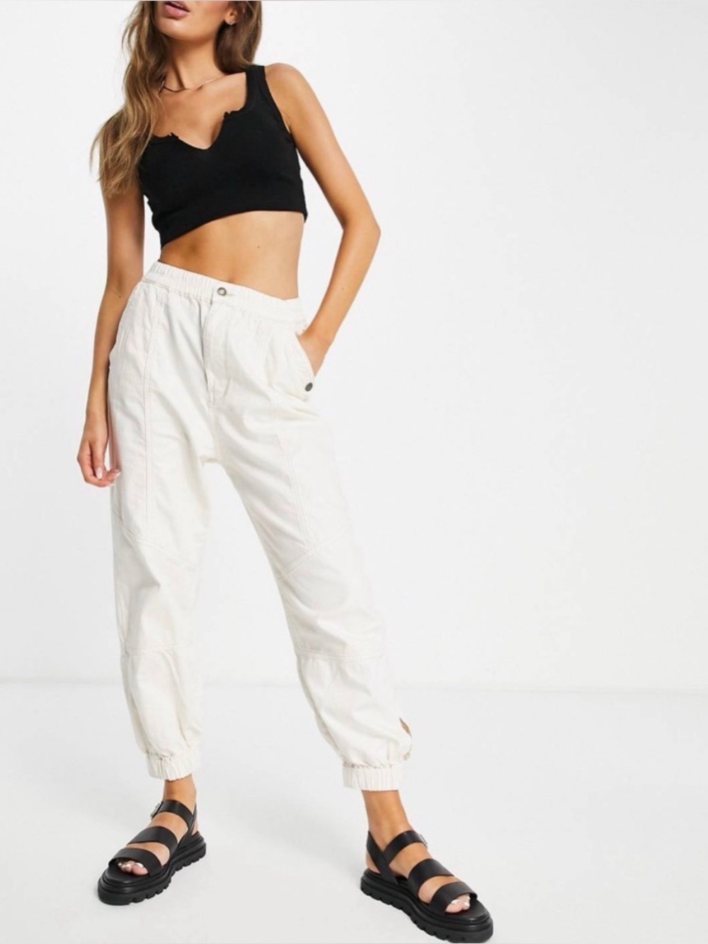 We‎ The Free People Revival Denim Cargo Joggers Ivory Cream Size Small